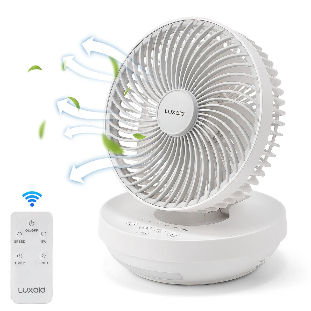 Luxaid klappbarer Tischventilator mit Fernbedienung, 4000-mAh-Akku, Typ-C-Aufladung, 3 Geschwindigkeitsstufen, 4-Stunden-Timer, Nachtlicht, Wandmontage, tragbar und kompakt