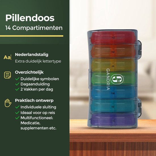 Gandria Pillenbox 7 Tage - Herausnehmbare Pillenbox - Medizinbox mit 14 Fächern - Medizinbox mit stabilem Verschluss - 2 Fächer pro Tag - 7 Farben