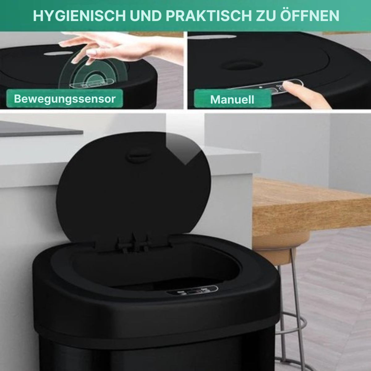 Avalo - Abfalleimer mit Sensor 50L - Edelstahl - Soft Close/ Fingerabdrucksicher/ Hygienisch - Schwarz