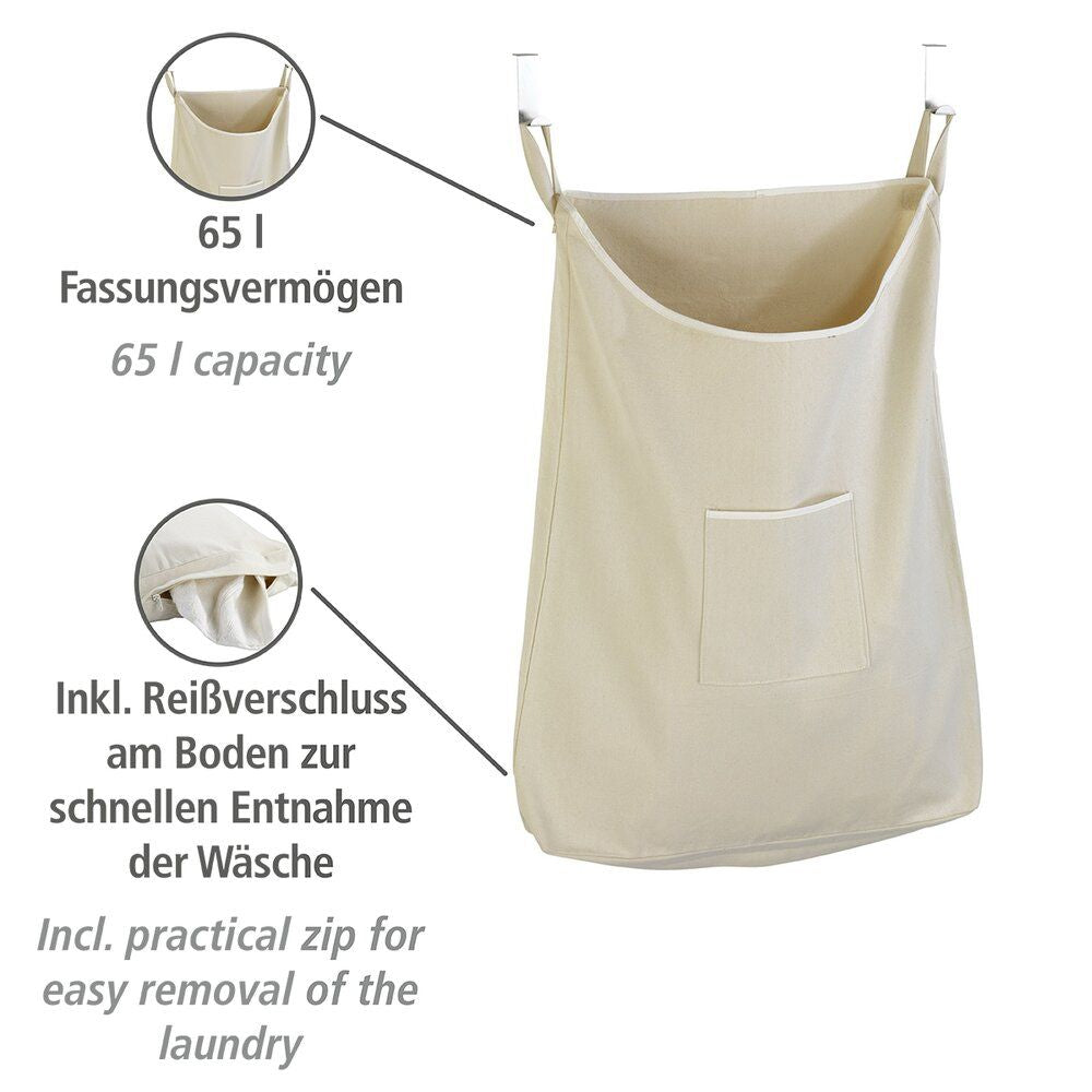 WENKO Canguro Türwaschkorb Beige – 65 l – Baumwolle – mit Edelstahlhaken