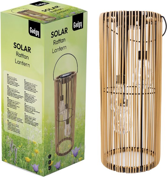 Gadgy Solar-Gartenbeleuchtung mit Solarenergie – Rattan-Laterne für den Außenbereich – Hängeleuchte oder Tischlampe – Spritzwassergeschützt – Stimmungsbeleuchtung für Garten, Balkon oder Terrasse – Braun – Ø 17 x 41 cm – Tag-/Nacht-Sensor
