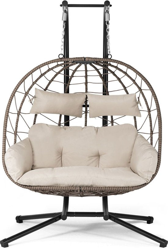 Juskys Polyrotan Doppel-Hängesessel Aria - Beige - inkl. Sockel & Kissen
