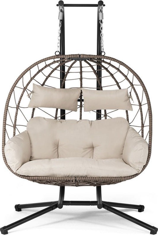 Juskys Polyrotan Doppel-Hängesessel Aria - Beige - inkl. Sockel & Kissen