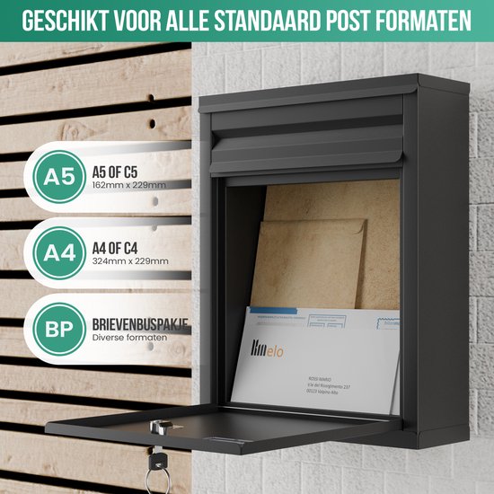 Avalo Briefkasten Schwarz Edelstahl - Wandbriefkasten - Inkl. Montagematerial & 2 Schlüssel