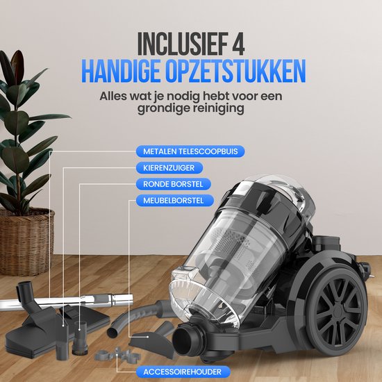 Strex Beutelloser Staubsauger - 700W Leistungsstarker beutelloser Staubsauger - HEPA Filter - 2.5L Staubbehälter - Extra langes Kabel - Inklusive 4 Aufsätze