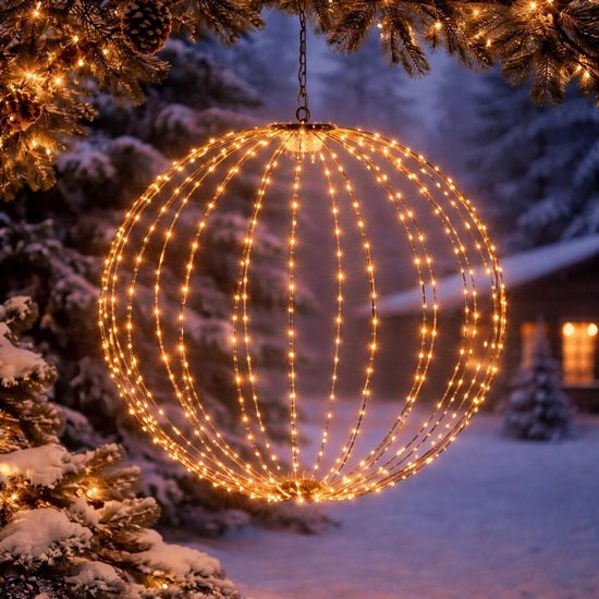 Lichtkugel – D60 cm – 400 LED-Lämpchen – warmweiß – mit Zeitschaltuhr – schwarzer Rahmen – Beleuchtung