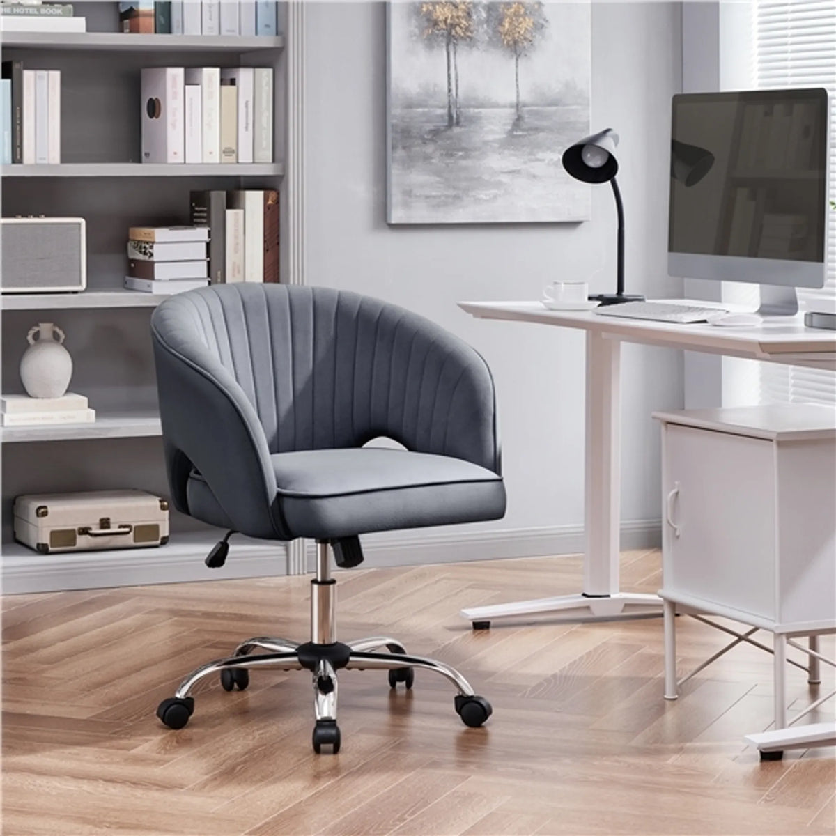 Yaheetech Bürostuhl Sessel - 60 x 56,5 x 73-83 cm - Mit samtig weicher Polsterung und verstellbarer Sitzhöhe und entspannender Schaukelfunktion - Für Büro und Empfangshalle - Dunkelgrau Polyester und Metall