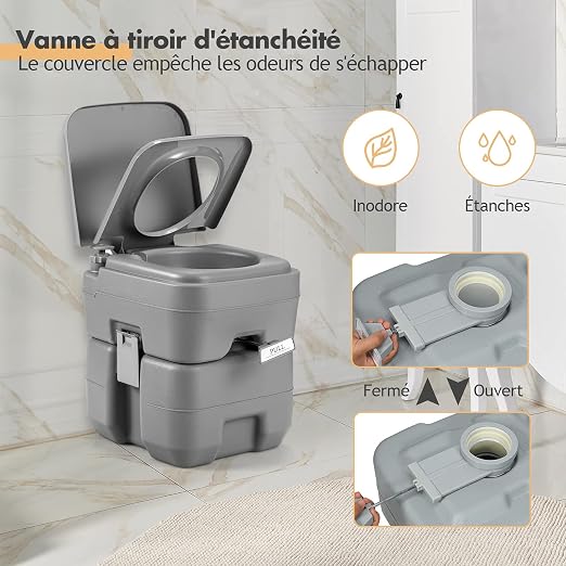 Goplus Tragbare Campingtoilette 20 l + 10 l – HDPE – Spülsystem – Bis zu 200 kg – Grau