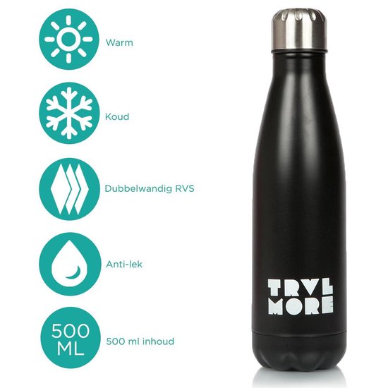 TravelMore Edelstahl-Trinkflasche – Sport-Thermobecher – Wasserflasche mit Kühl- und Wärmeisolierung – Isolierte Trinkflasche – Auto – Fitness – Outdoor – Laufen – Erwachsene – BPA-frei – Doppelwandig – Stiel – Stahl – 500 ml – Schwarz