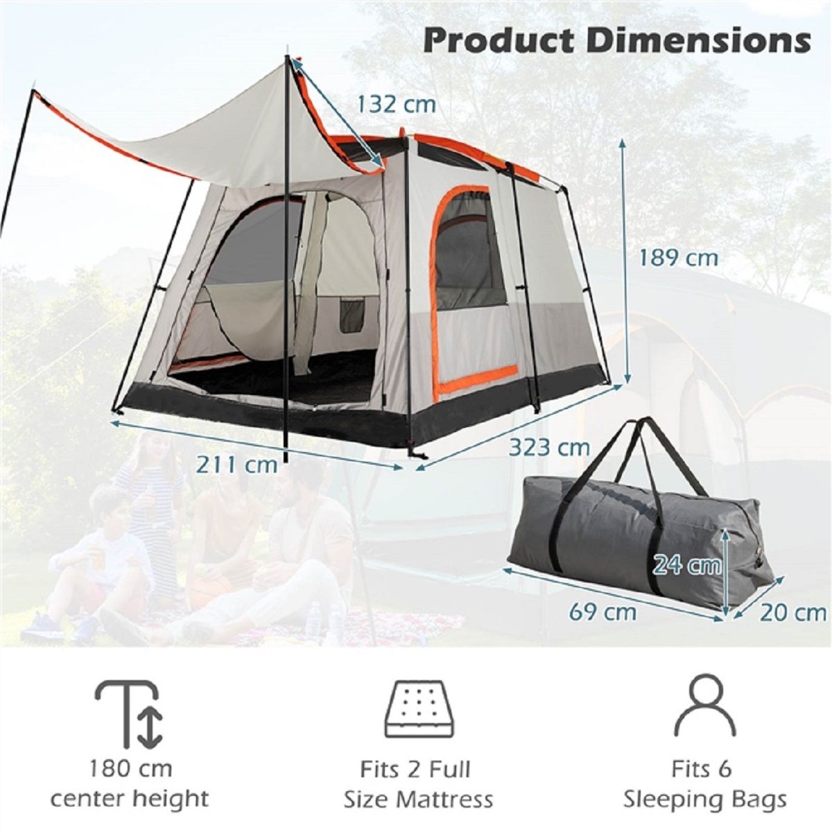 Coast Campingzelt für 6 Personen – 2 Zimmer mit Trennwand – Regenschutz und Fliegengitterfenster – grau