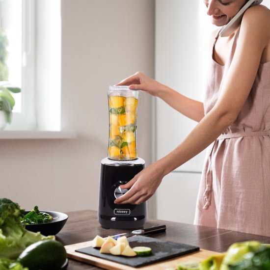 Niceey Mini Blender - Smoothie Maker - Mixer Smoothie - Entsafter - 500W - mit 2 To-Go Bechern - Schwarz