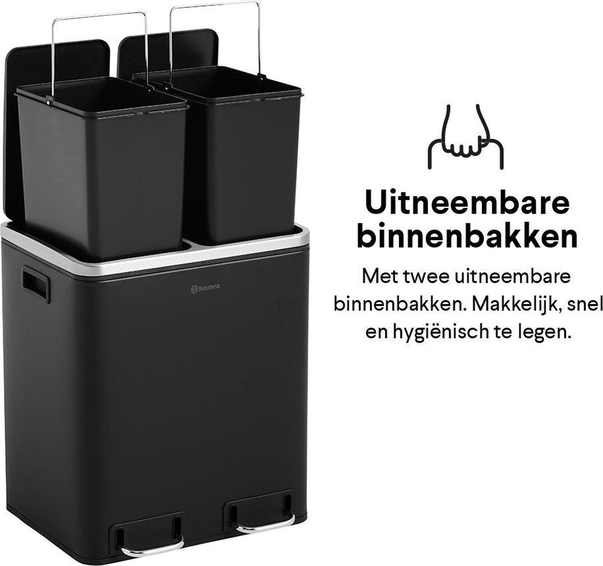 Homra BLINQ Afvalscheiding prullenbak met 2 vakken - 2 x 15 L inhoud - Duo pedaalemmer Zwart - Afvalemmer 30 Liter - Recycle Afvalbak - Zwarte Afvalscheidingsprullenbak - HygiÃƒÂ«nisch Afval Scheiden - Keuken Vuilbak - Kantoor