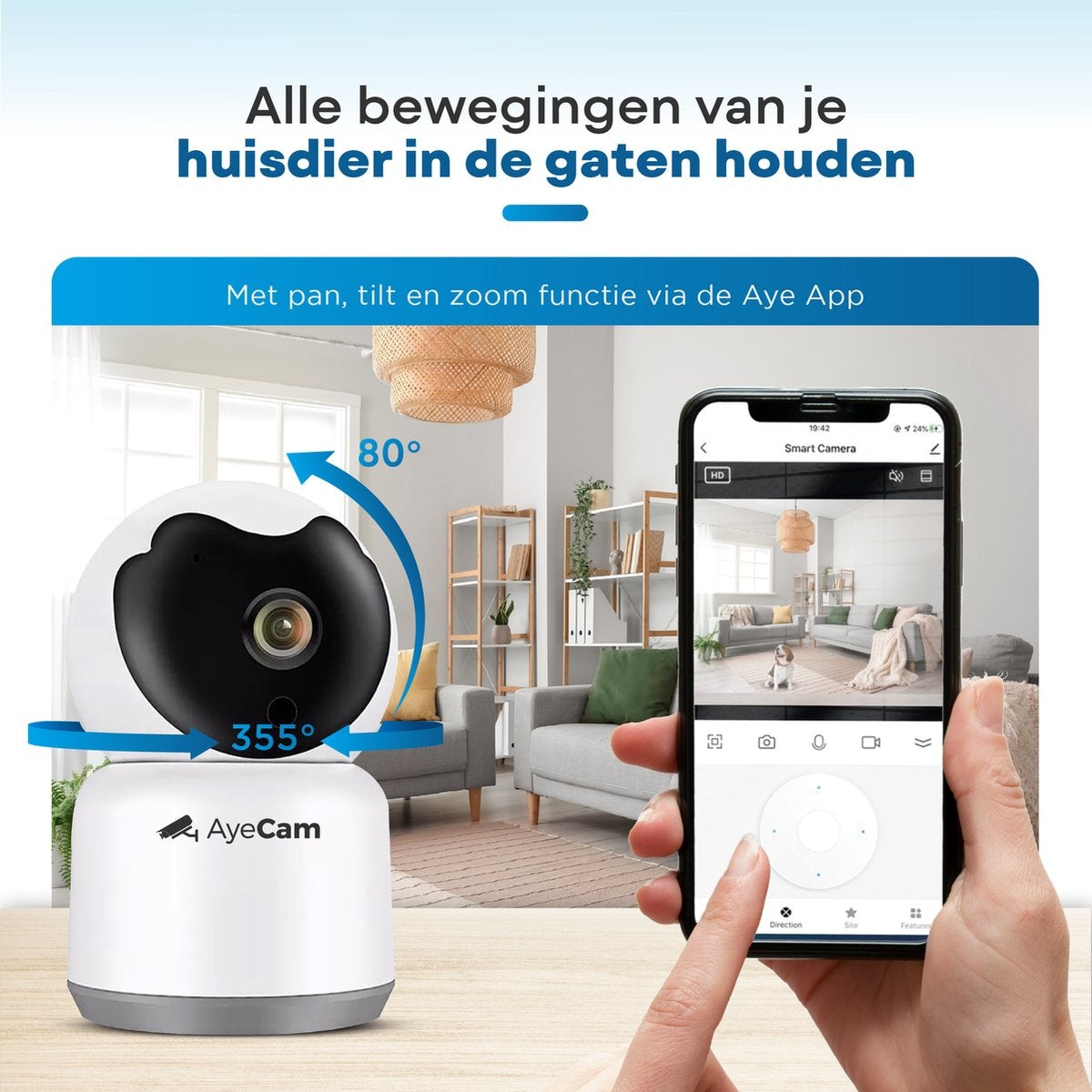 AyeCam Haustierkamera - Mit App - Inkl. 32GB SD - WiFi - Bewegungs- & Geräuscherkennung - Sicherheitskamera - Hundekamera