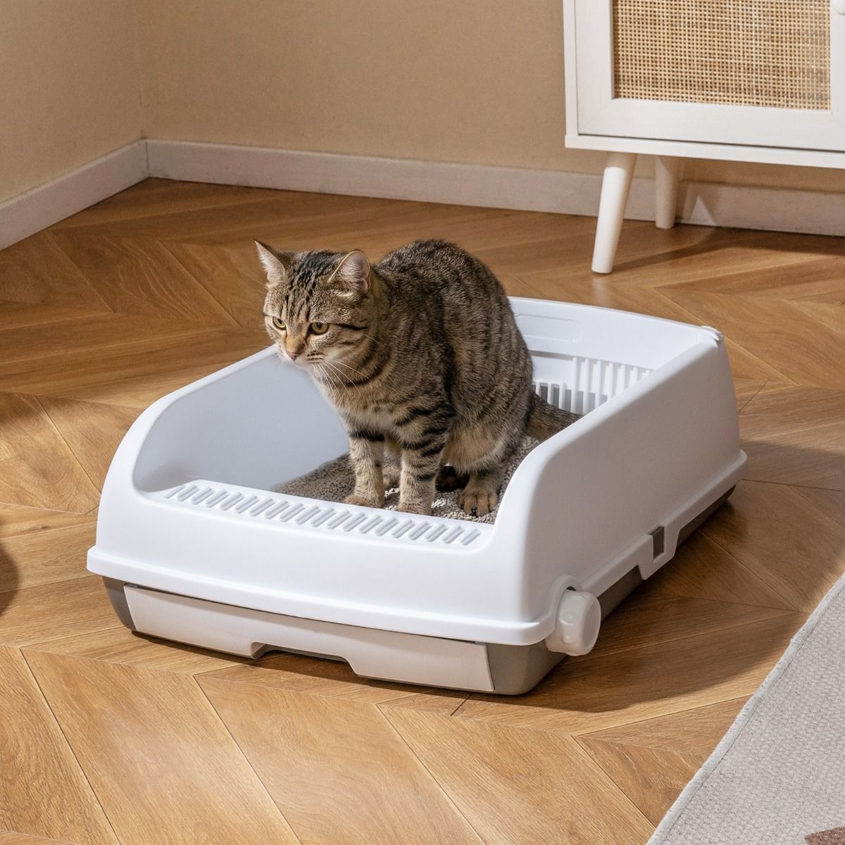 Coast Halbautomatisches Katzenklo – Ausziehbare Schublade – Spritzwassergeschützte Seitenwände – Weiß
