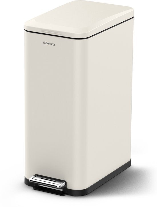Deleca Abfalleimer Prestige - 50 Liter - Schmal - Edelstahl Mülleimer / Abfalleimer / Tret-Abfalleimer - Mit Fußpedal und Slow Close - Cremeweiß
