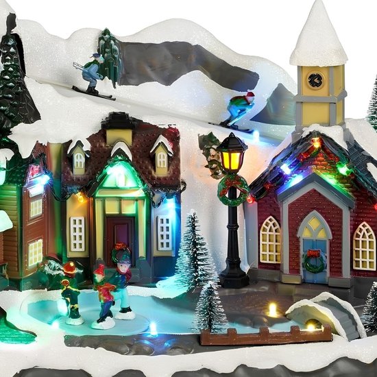 Luville Weihnachtsdorf – Miniatur-Dorfplatz – Weihnachtsdekoration mit Schlittschuh laufenden Bewohnern – Weihnachtsdekoration mit LED-Beleuchtung und sich drehenden Figuren – L 34 x B 18 x H 24 cm – Weiß