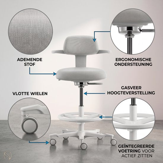 Backerz Ergonomischer Arbeitshocker mit Fußstützring – Bürostühle für Erwachsene – Vollständig verstellbar, bis 120 kg – Bürostuhl – Gaming-Stuhl – Weiß