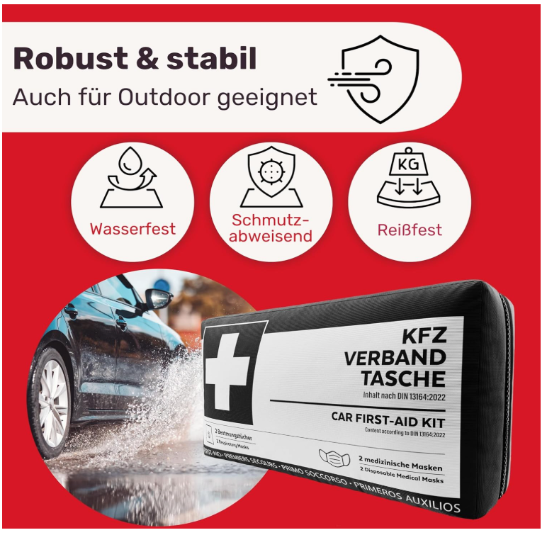 HELDENWERK - Auto-Verbandstasche & Erste-Hilfe-Set - DIN 13164:2022 Standard - Schwarzes wasserabweisendes Nylon - Inklusive Atemtücher & Masken - Für Auto & Motorrad - Kompakt & Sicher