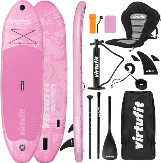 VirtuFit Cruiser Aufblasbares SUP Board 305 cm - Max. 180 kg - Komplettset - Inkl. Kajaksitz, Paddel, Pumpe, Tasche & GoPro Halterung - Stand Up Paddle Board - Pink