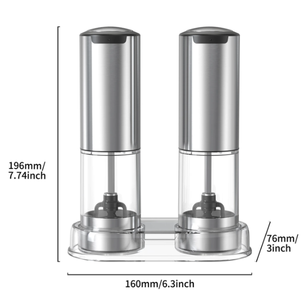 Cuisync Elektrisches Pfeffermühlen-Set – 2 Stück – Wiederaufladbar – Einstellbare Mahlstärke – Edelstahl – Silber