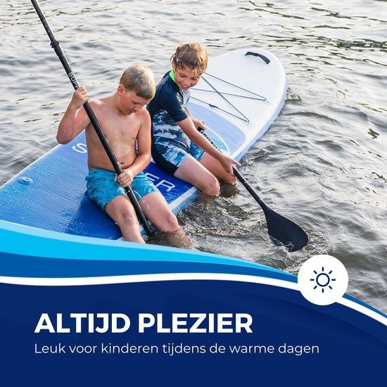 Supper Sup Board XL - Max. 180KG - Aufblasbar - Paddle Board - Verstellbares Paddel - Wasserdichte Handyhülle - Sitz - Pumpe - Flosse - Leash - Tragetasche - 335 x 81 cm