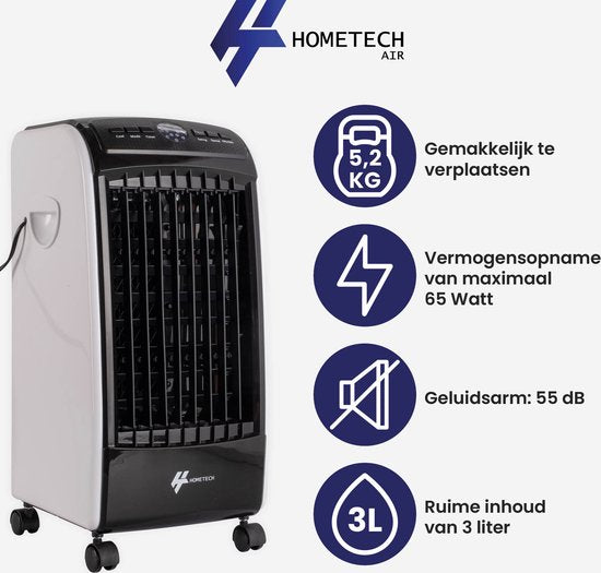 HomeTech FL-1701R Mobiler Luftkühler mit 3 Geschwindigkeiten - Mobiler Luftkühler mit Fernbedienung - 3 Betriebsmodi und Timer - Schwarz/Weiß
