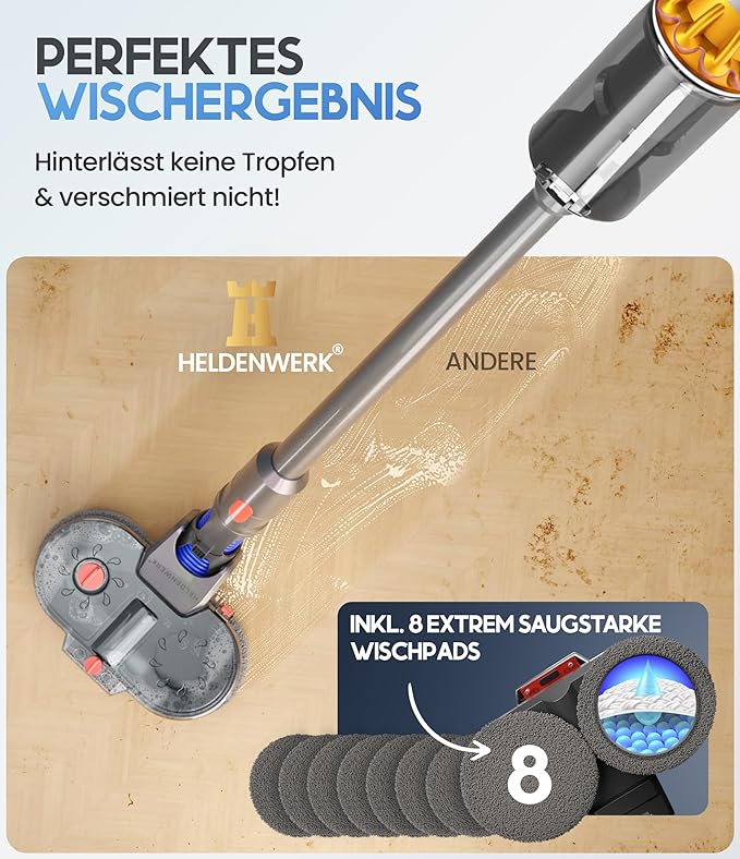 HELDENWERK Moppaufsatz für Dyson V6 Staubsauger, Dyson Zubehör, Moppaufsatz, elektrischer Bodenwischer mit Wassertank, Nachfüllbehälter und 8 waschbaren Mopps