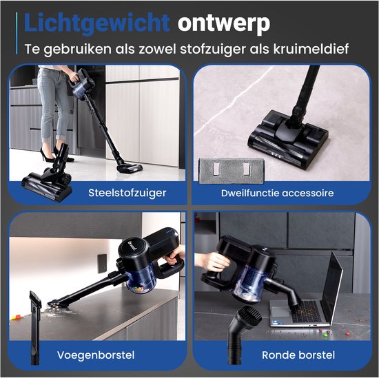 Saaf - G80 Stabstaubsauger - mit Wischfunktion - biegbarer Stiel - 8-teilig - Kabellos - Schwarz