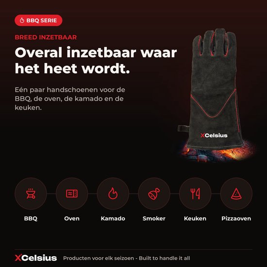 XCelsius® BBQ-Handschuhe aus Spaltleder – TÜV-zertifiziert nach EN 407 – Hitzebeständige Grill- und Ofenhandschuhe – Für Kamado, Gusseisen, Roste und Hitzeschilde – Geschenke für Männer – 1 Paar – Schwarz mit Rot