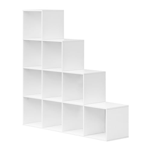 Woltu Bücherregal Stufenregal mit 10 Fächern Weiß 120 x 30 x 120 cm
