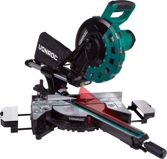 VONROC MS502AC Trennsäge - 2200W - 4500 U/min - Verstellbare Tischverlängerungen - Grün - 82x48x41 cm
