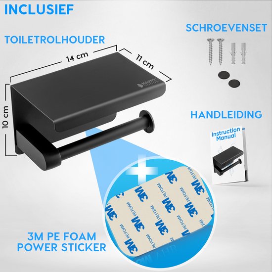 Happy Goods Toilettenpapierhalter mit Ablage - Selbstklebend / Bohren - Toilettenpapierhalter Schwarz ohne Bohren - Edelstahl - Inkl.