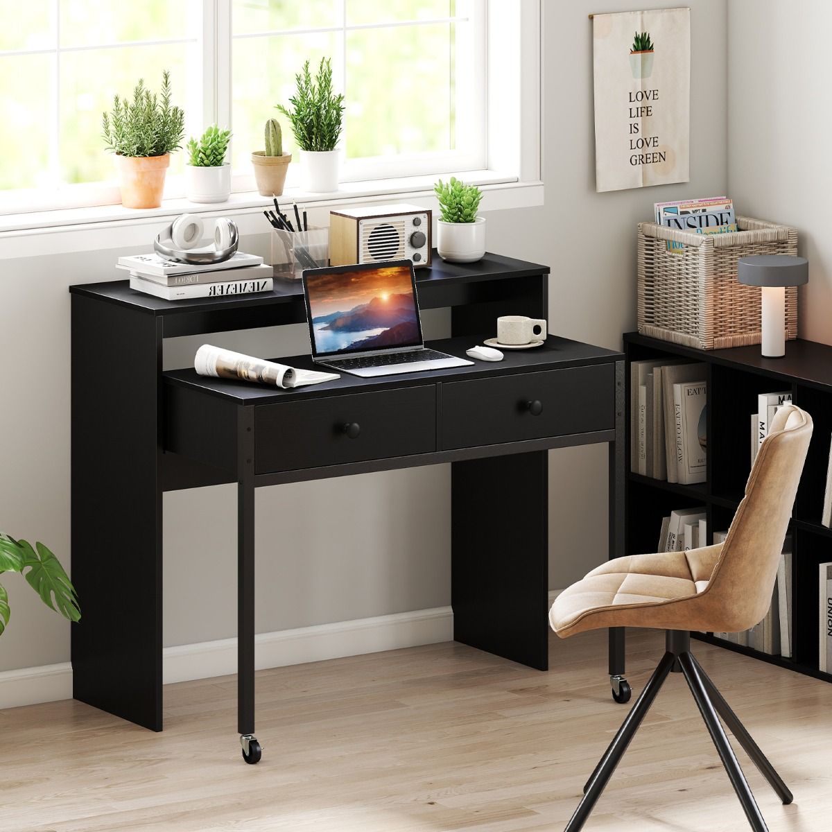 Coast Ausziehbarer Schreibtisch – mit 2 Schubladen – feststellbare Rollen – schwarz – 100 x 63 x 88 cm
