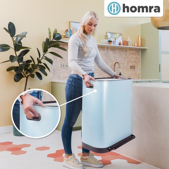 Homra Rockx Mülleimer 60 Liter - Duo-Treteimer 2×30 l mit Geruchsfilter – Edelstahl-Mülltrennbehälter mit 2 Fächern – Recycling-Mülleimer – Küchenmülleimer – Mülleimer zur Mülltrennung – Doppel-Mülleimer, blau