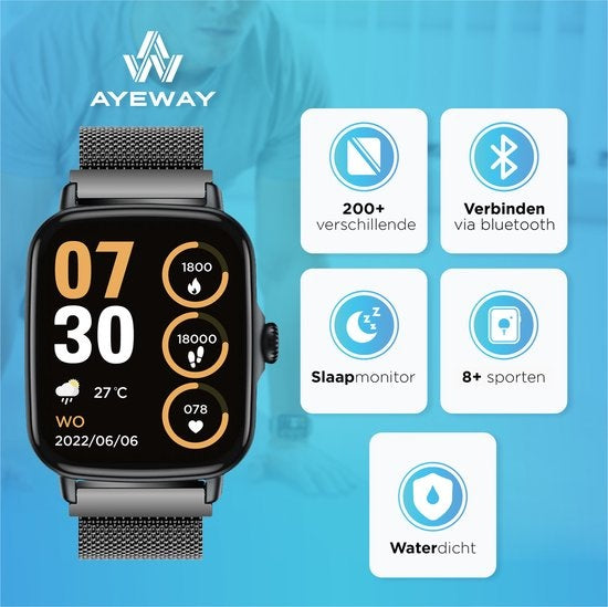 AyeWay Smartwatch - Stahlband - Wasserdicht & Touchscreen - 70 Sportmodi - Mit App - Smartwatch Männer & Frauen - Schwarz
