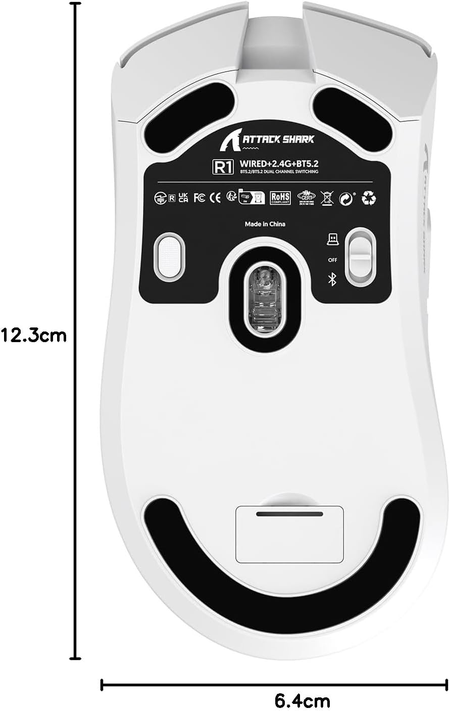 ATTACK SHARK R1 Superlight Gaming Mouse - 59g - 12,2 × 6,4 × 3,8cm - Kabellos & kabelgebunden - Bis zu 18.000 DPI - 65 Stunden Batterielaufzeit - Weiß