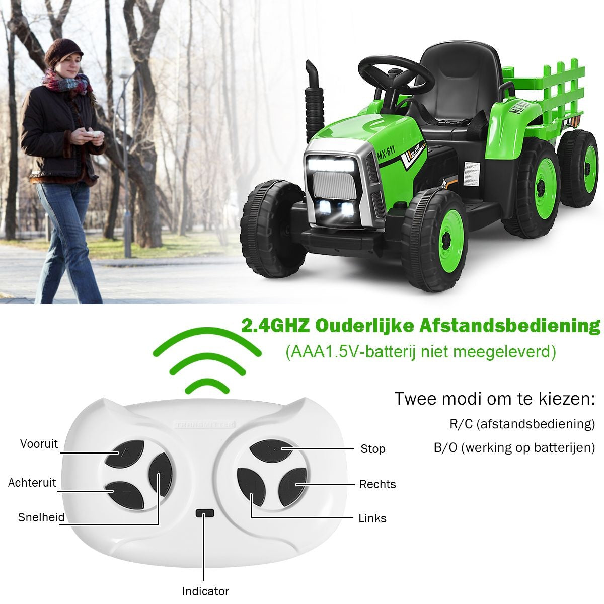 Coast Kindertraktor mit Anhänger - 3 Gänge 12V - Grün