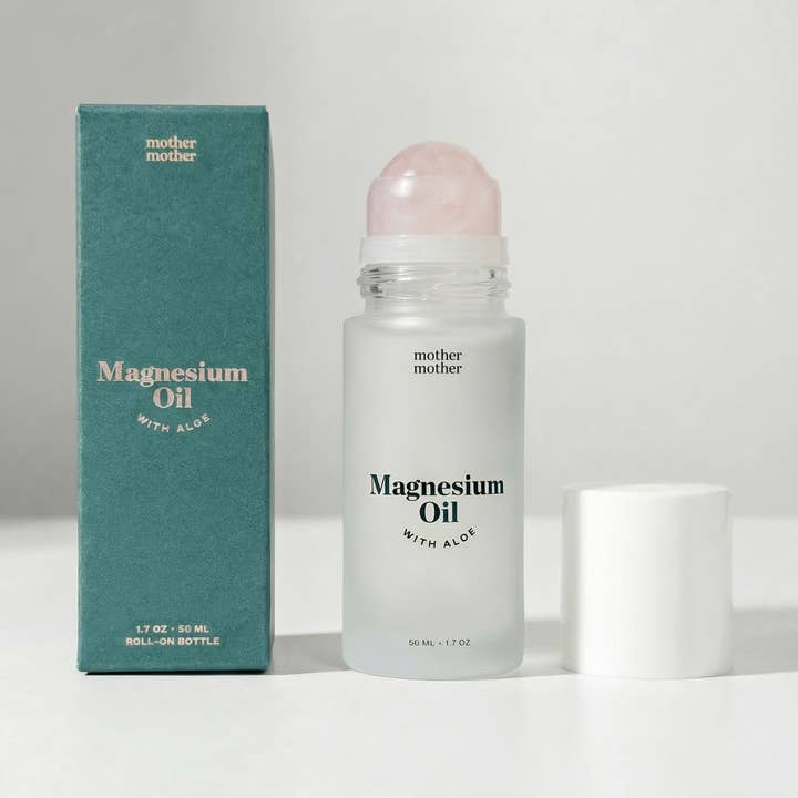 Mother Mother Magnesiumöl-Roll-on mit Aloe und Rosenquarz-Roller – 50 ml – Transparente Glasflasche
