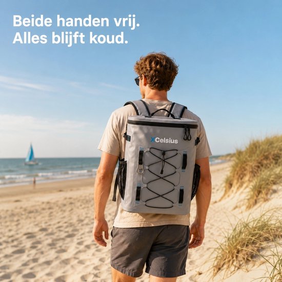 XCelsius® Kühltaschen-Rucksack 20 Liter – Kühltaschen-Rucksack mit 2 Kühlelementen und Flaschenöffner – Mindestens 24 Stunden Kühlleistung – 100 % wasserdicht – Kühltaschen-Rucksack für Strand, Festival, Boot und Camping – Grau