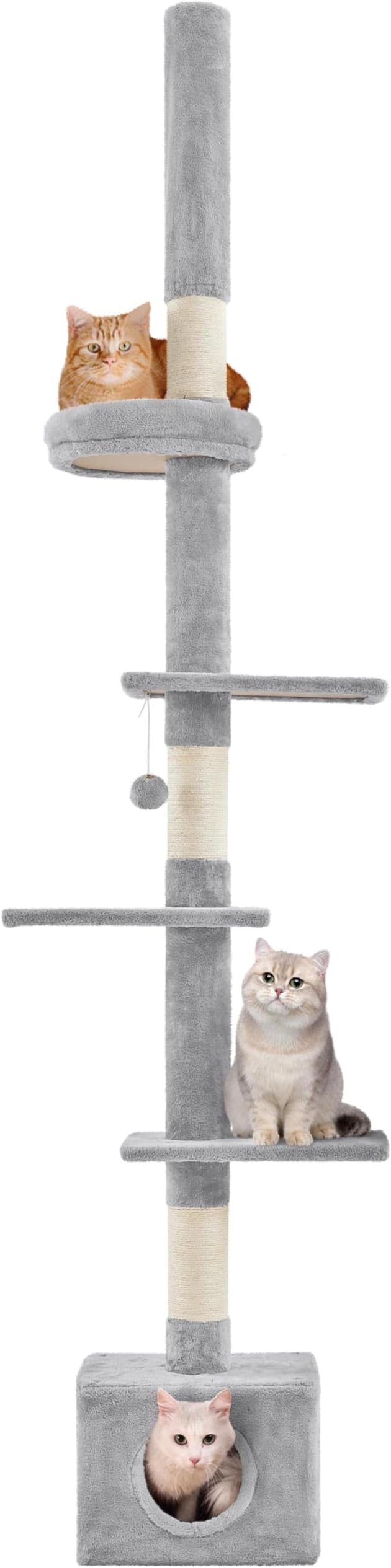 Yaheetech Decken-Kratzbaum 226–265,5 cm – Hellgrau – Verstellbarer Kratzbaum mit Katzenhaus und 5 Ebenen