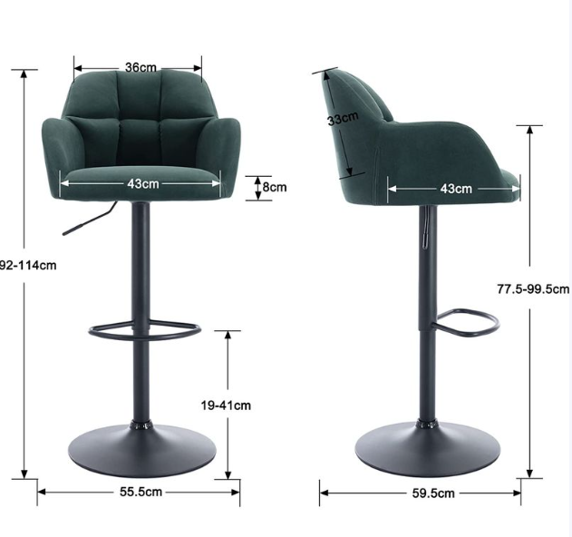 WAHSON Barhocker, 2er-Set, grün, Samt – höhenverstellbar 65–87 cm – drehbar