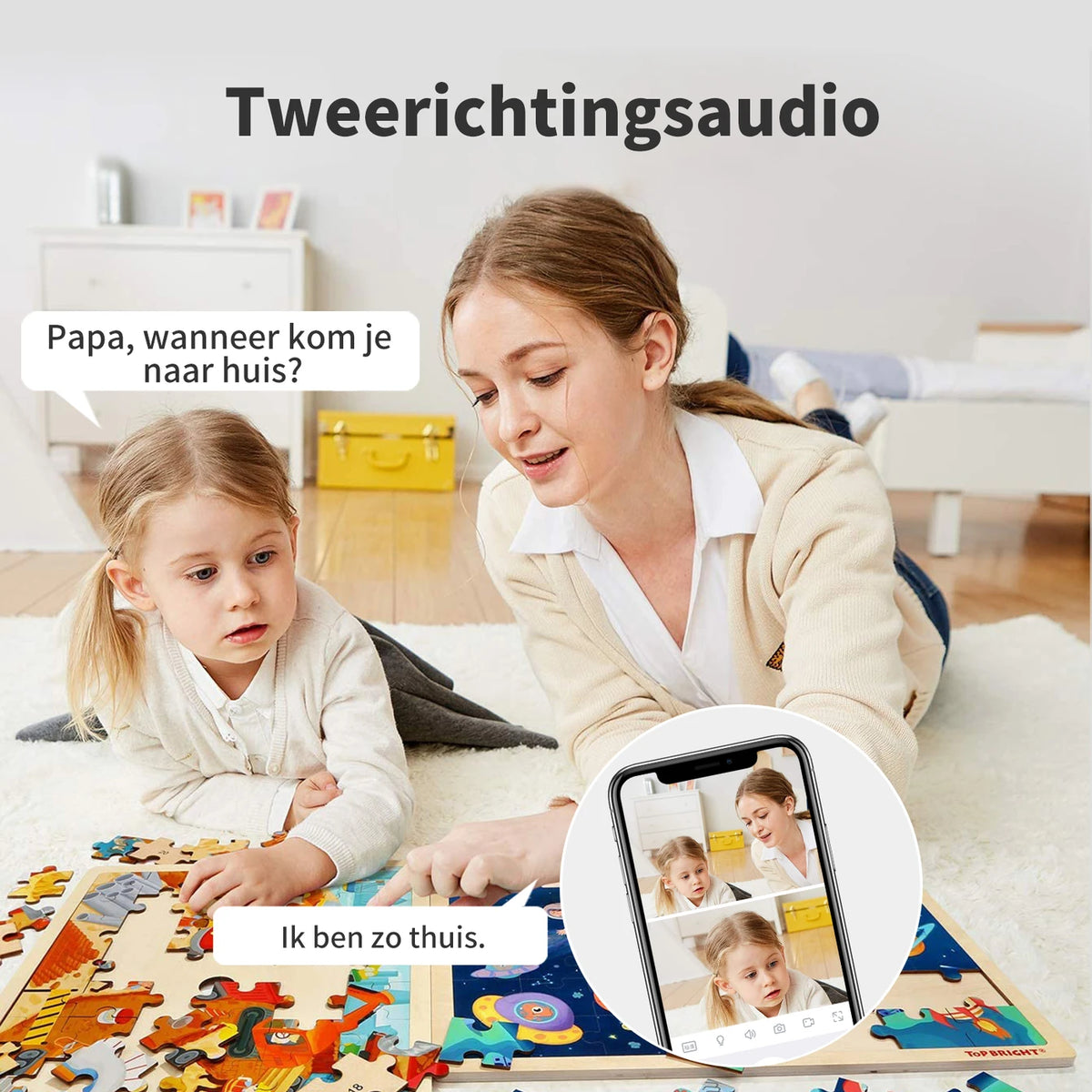 Juancloud-Überwachungskamera für den Innenbereich mit zwei Objektiven – 2K Ultra HD mit Nachtsicht – Zwei-Wege-Audio und KI-Bewegungserkennung – Weiß