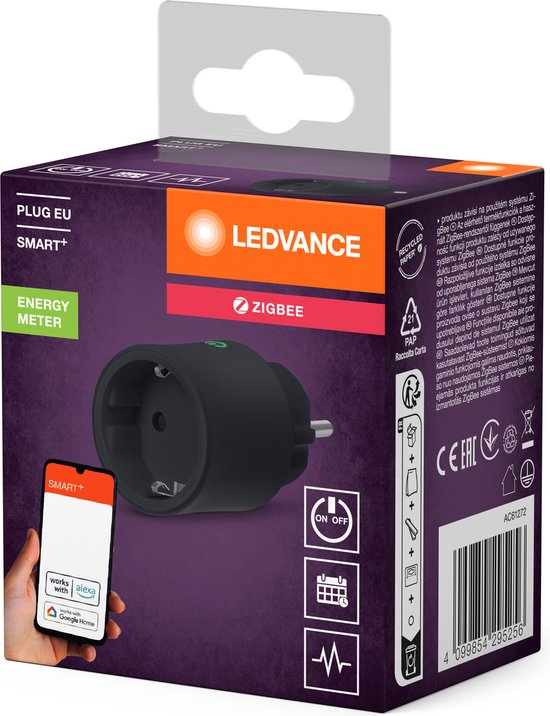 LEDVANCE SMART+ Intelligente Steckdose für den Innenbereich mit ZigBee-Technologie, bindet herkömmliche Geräte in das Smart Home ein, misst und spart Stromverbrauch, kompatibel mit Alexa oder Google, schwarz, 1er-Pack