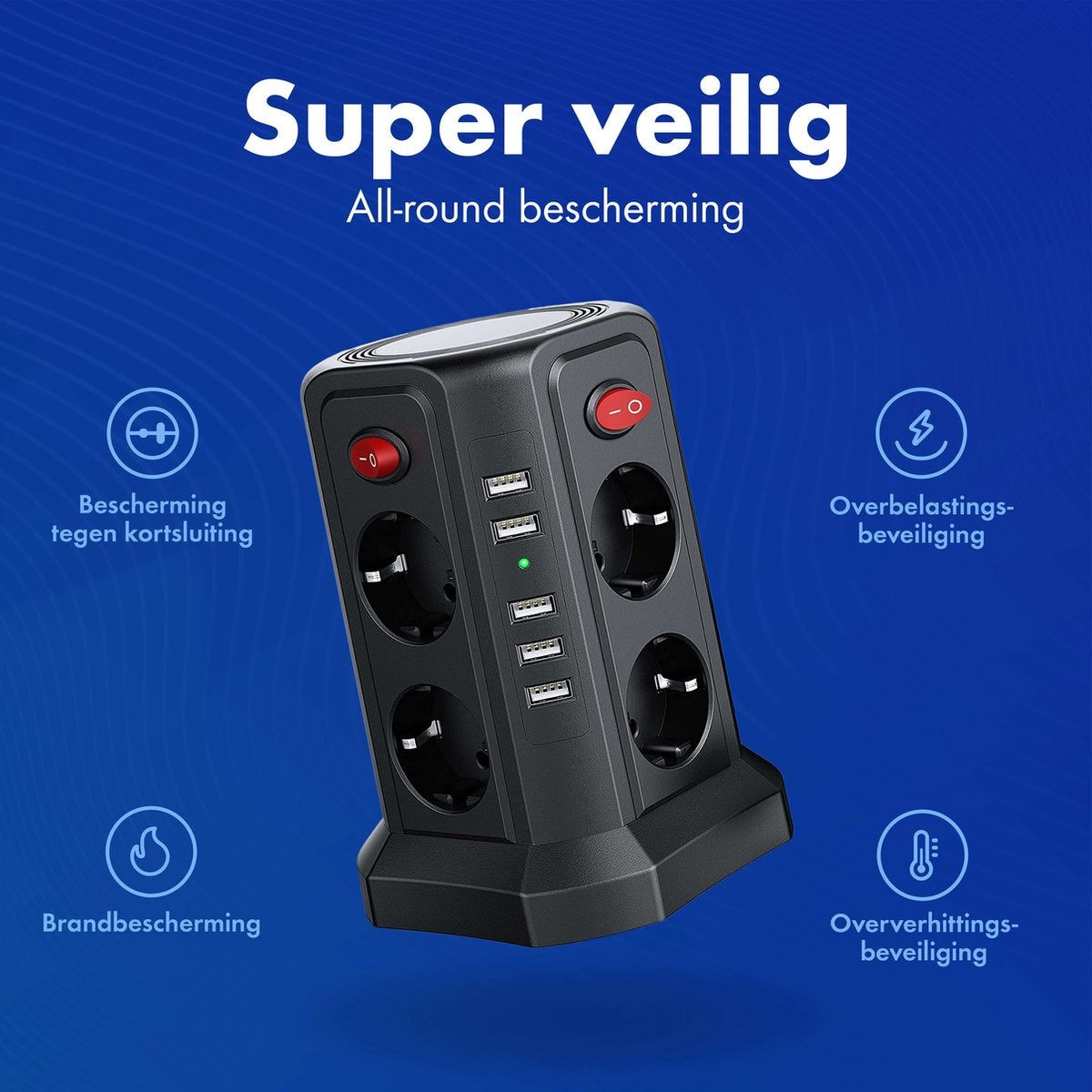 Steckdose mit Schalter und USB - Energiesparende Ein/Aus-Tasten - Power Block - Powercube - Schwarz - 3 Meter Kabel