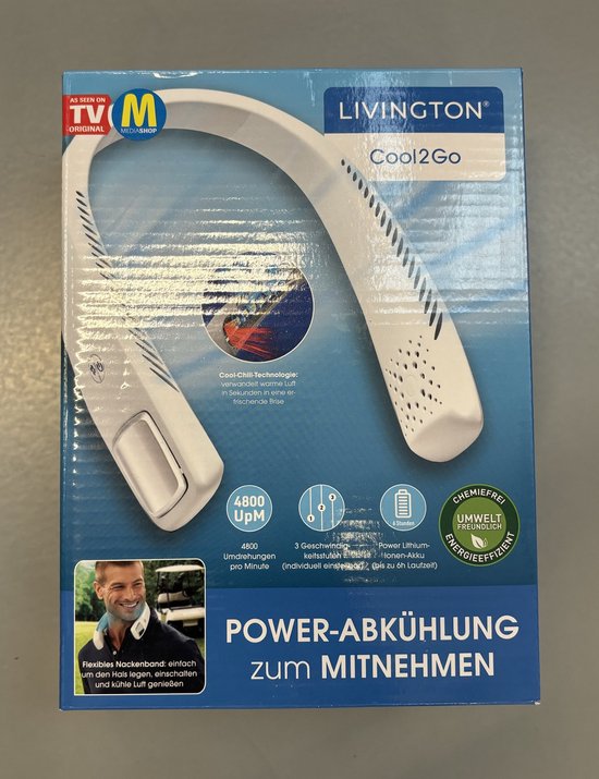 LIVINGTON Cool2Go Nackenventilator – leichter, tragbarer Nackenventilator mit 3 Geschwindigkeitsstufen, flexiblem Nackenriemen und 6 Stunden Betriebsdauer.