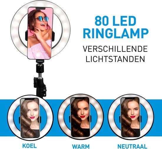 Grundig Ringlampe mit Stativ und Handyhalterung - Verstellbar bis zu 210cm - Geeignet für TikTok und YouTube - 3 Lichtmodi