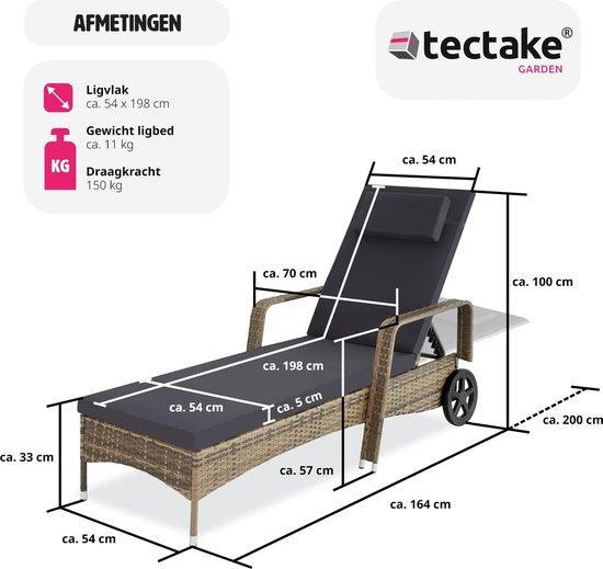 Liegestuhl - Sonnenliege - Geflecht - verstellbare Rückenlehne - naturfarben - 200 x 70 x 33 cm - 404589 - Poly-Rattan