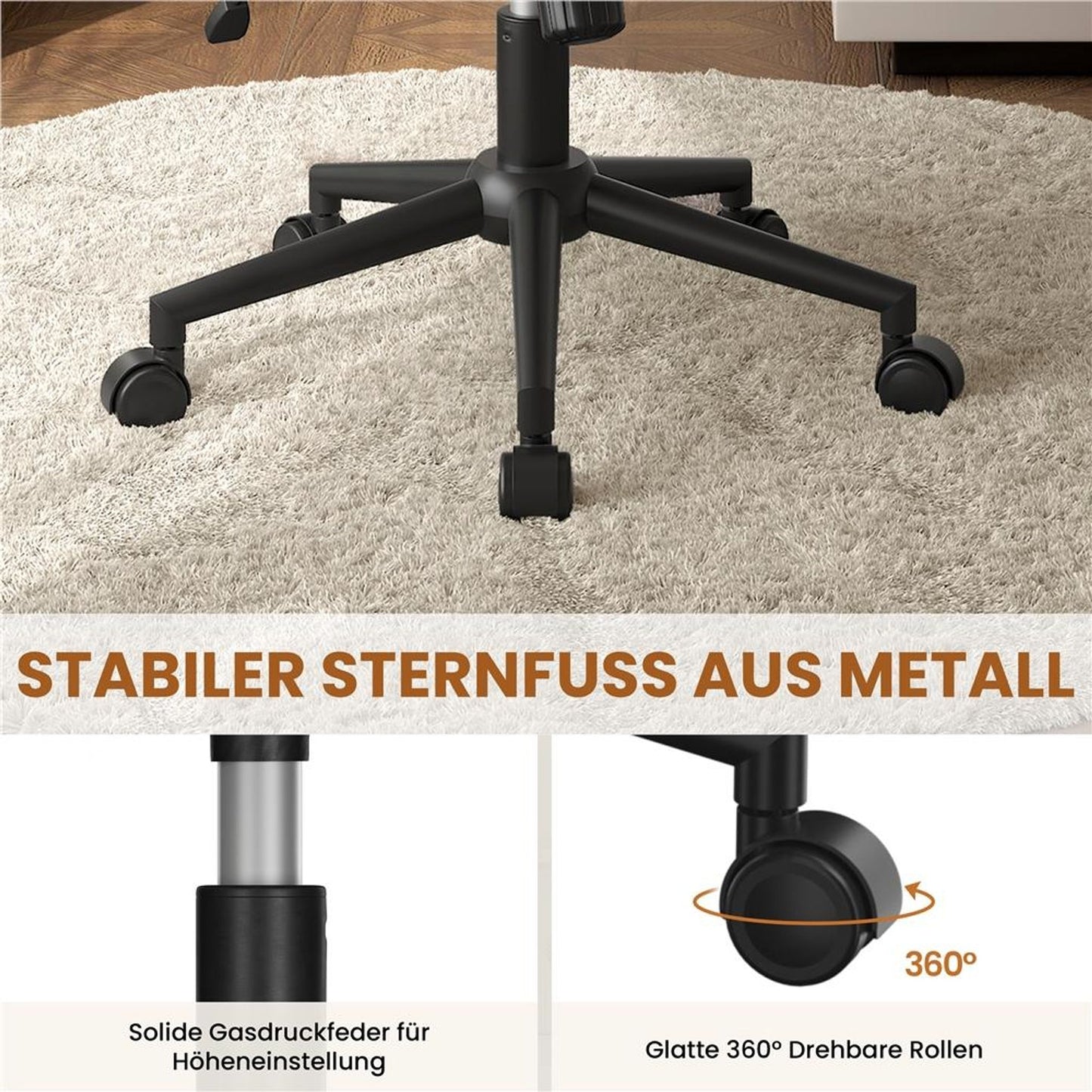Yaheetech Bürostuhl mit breiter Sitzfläche – Ergonomischer Drehstuhl mit Rückenlehne – Höhenverstellbar – 66 x 64,5 x 82–91,5 cm – Beige