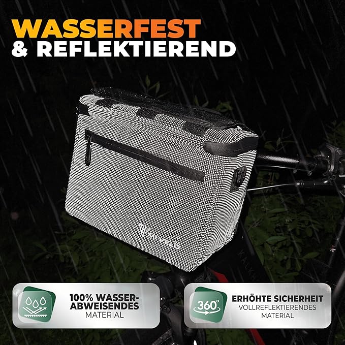 MIVELO Lenkertasche - Wasserabweisend & mit Handyfach - 7 Liter - Schwarz Reflektierend