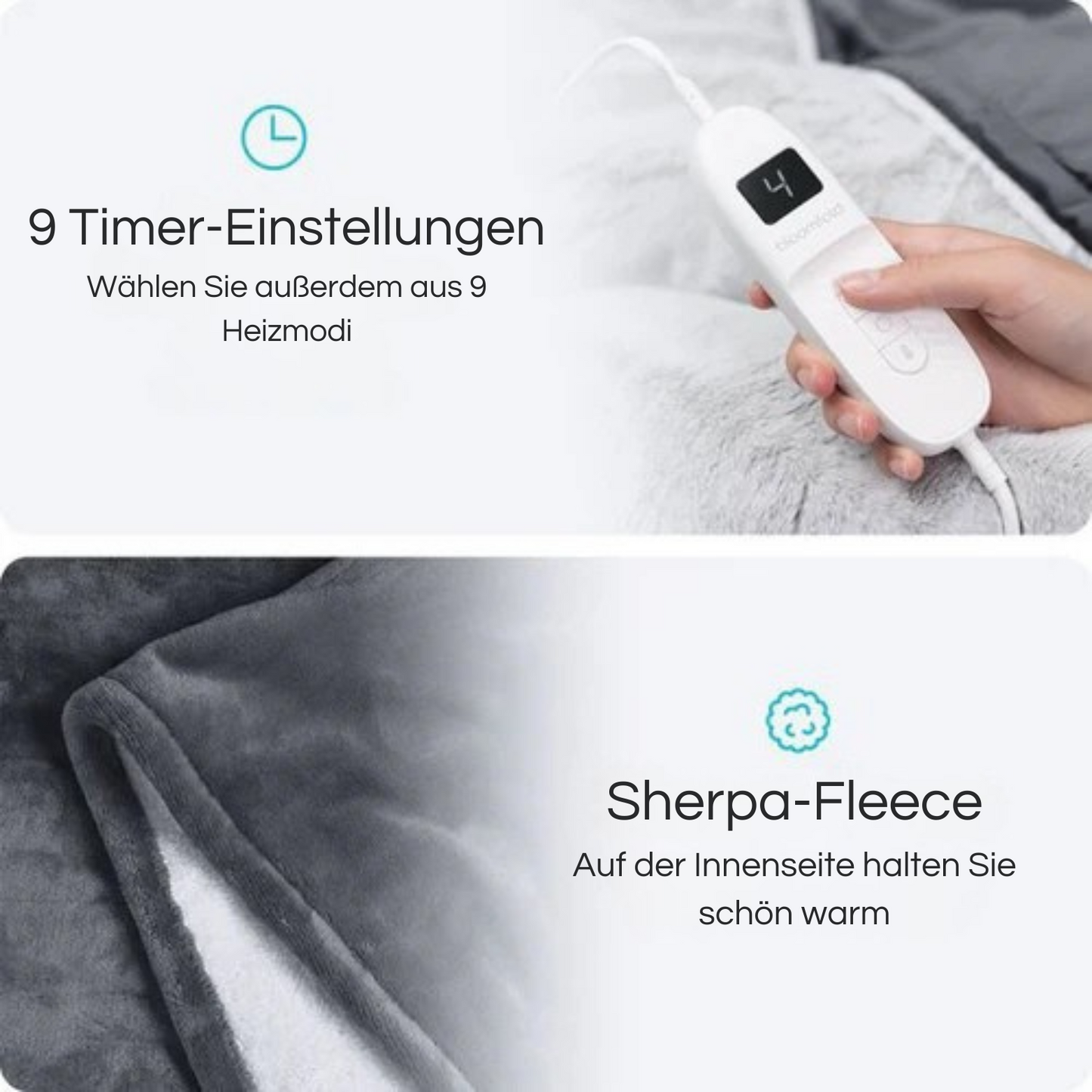Bloomfold Elektrische Heizdecke - 160 x 130 cm - Waschbar - 9 Stufen - Mit Timer - Flanell - Grau